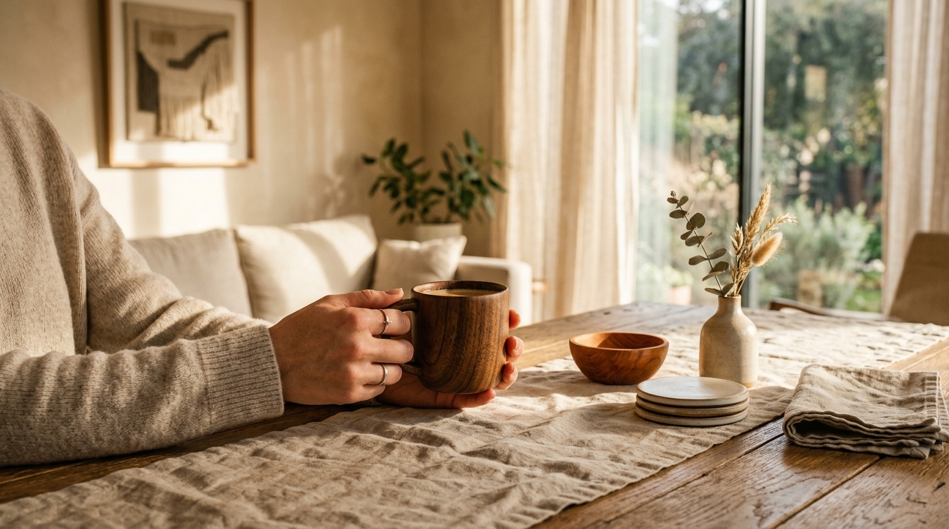 Wood Mega Mart - Artisanal Lifestyle with Handcrafted Wooden Mug in Sunlit Space
